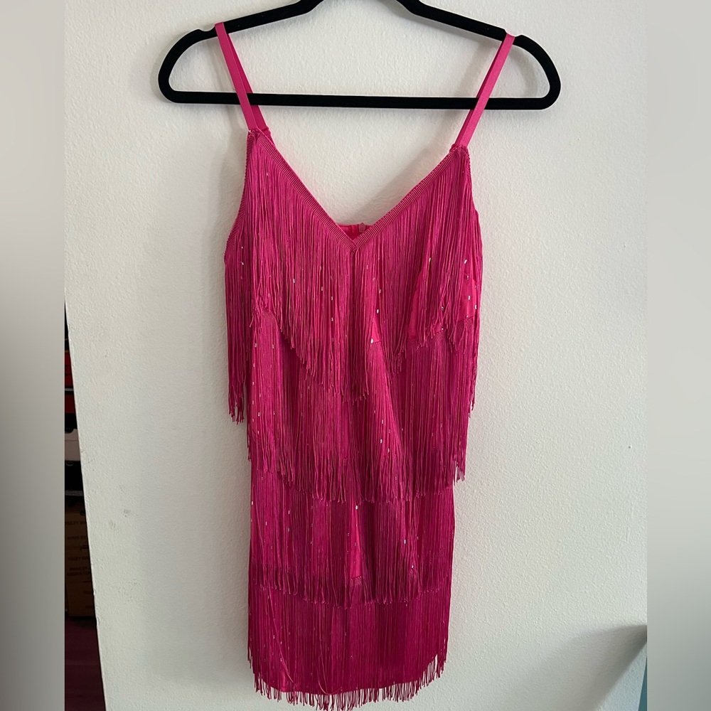 Pink fuschia fringe party cocktail dress
